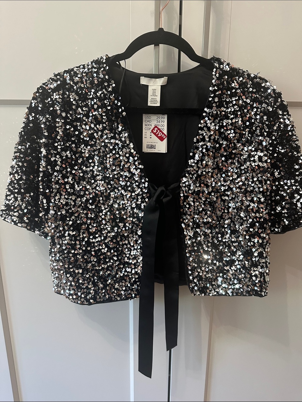H&M Black Sequin Cropped Tie-Front Jacket